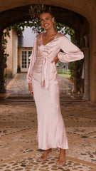 Ivy Long Sleeve Tie Front Maxi Dress - Pink
