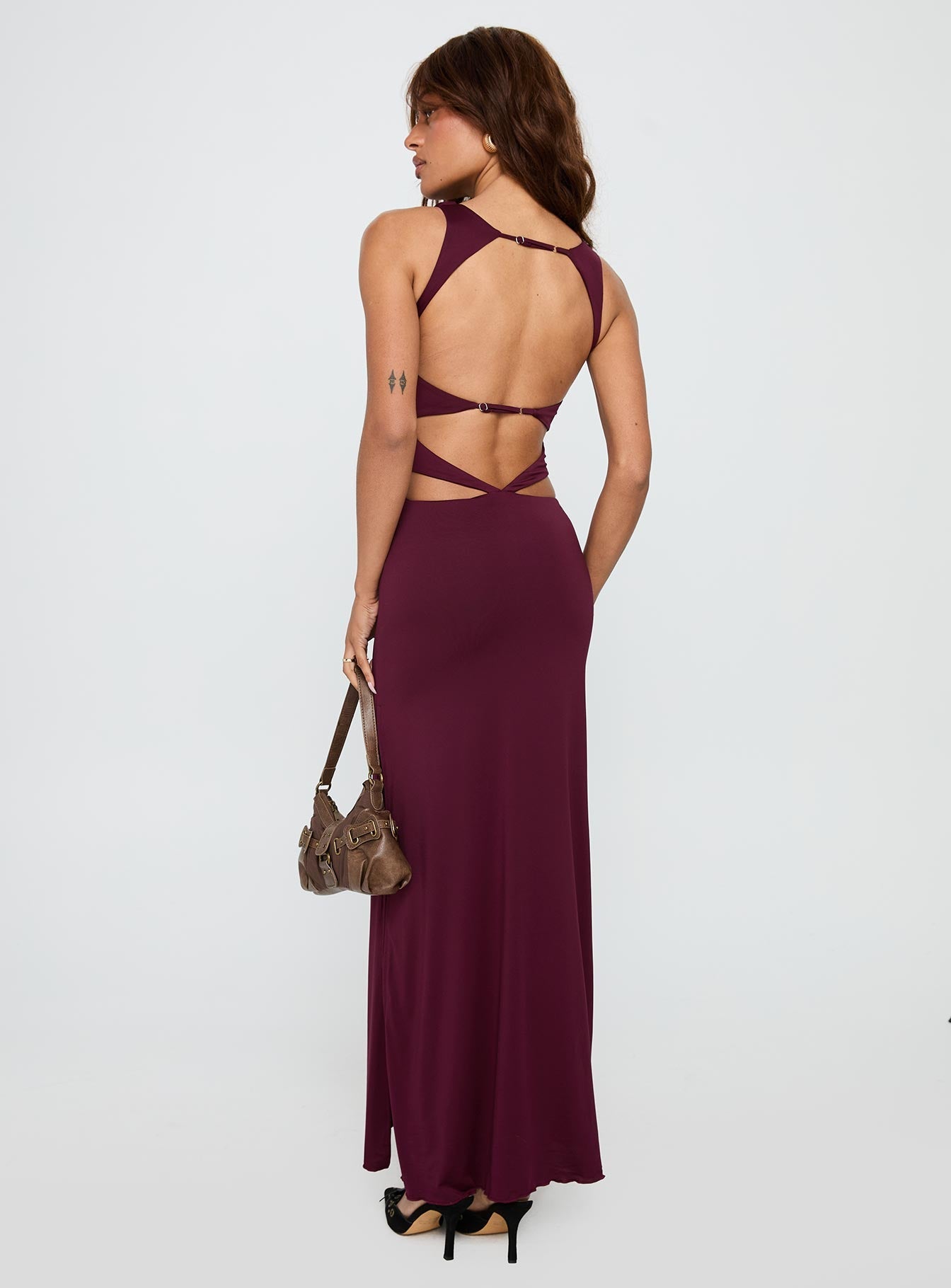 back view of model wearing Princess Polly Undeniable Cut Out Maxi Dress Plum Crew Neck 