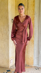 Ivy Long Sleeve Tie Front Maxi Dress - Rust