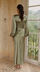 Ivy Long Sleeve Tie Front Maxi Dress - Olive