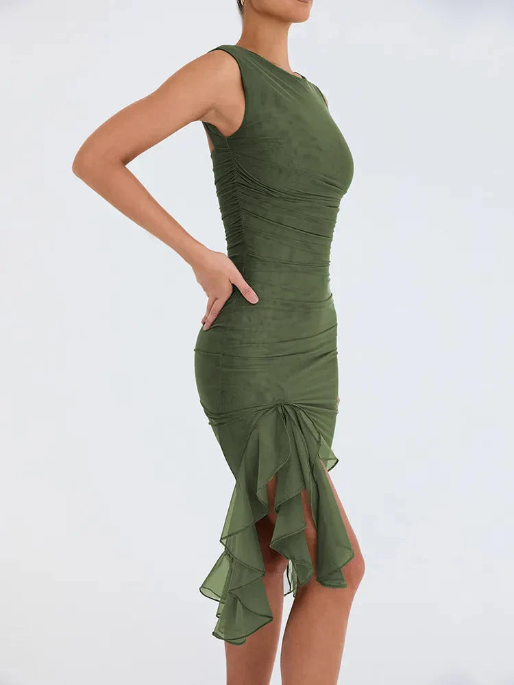 Mermaid Whispers Ruffled Ruched Hem Midi Dress