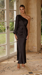 Eden One Shoulder Tie Front Maxi Dress - Black