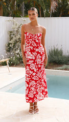 Margie Midi Dress - Red Floral