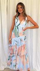 Reina Tiered Maxi Dress - Blue Floral