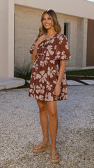 Arana Mini Dress - Brown Daylillies