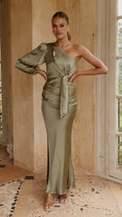 Eden One Shoulder Tie Front Maxi Dress - Olive