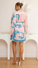 Lucia Long Sleeve Mini Dress - Aqua/Pink Print