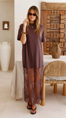 Raina T-Shirt Maxi Dress - Brown Lace