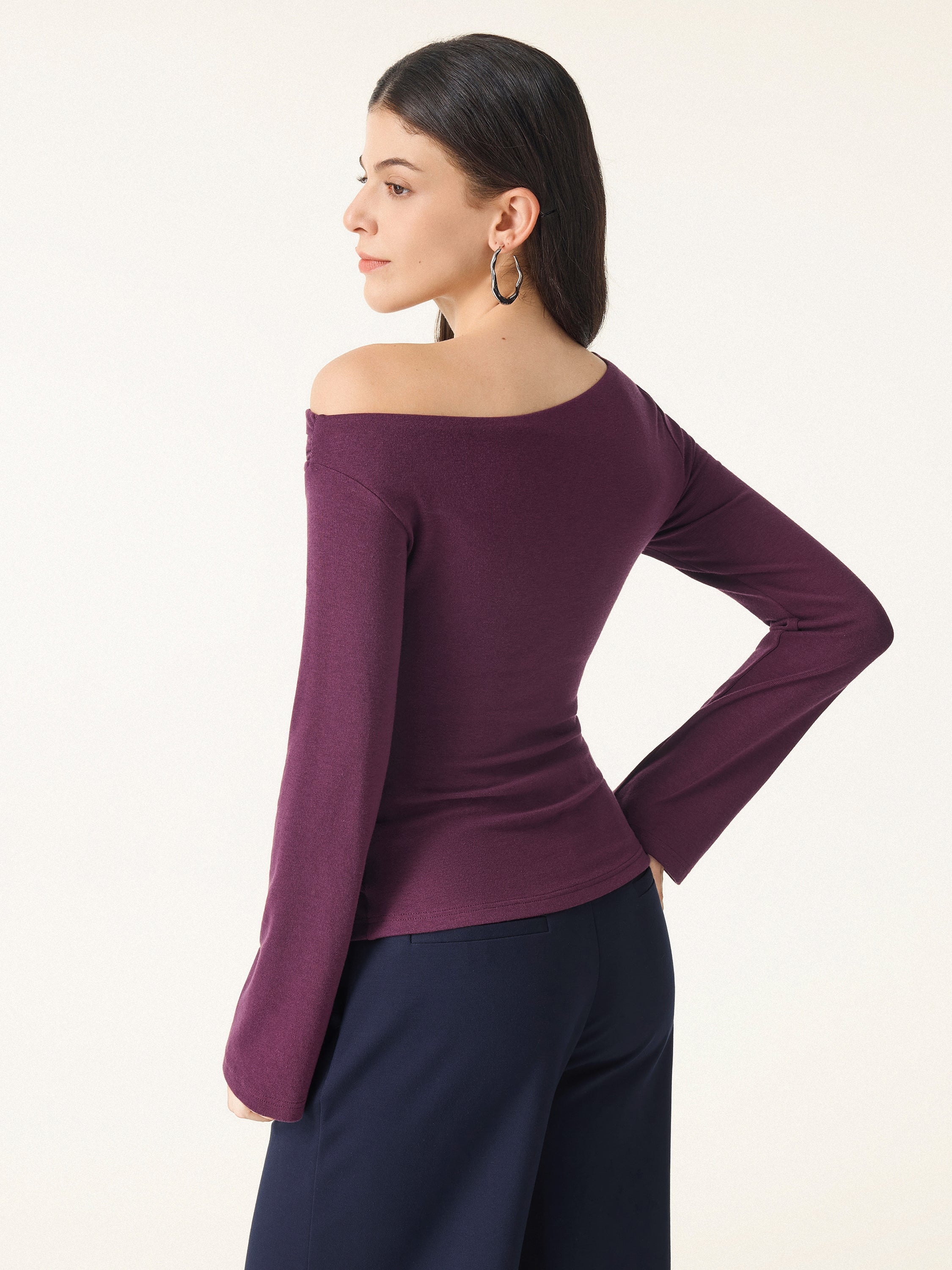 Slanted Shoulder Bell Sleeve Ruched Brami Top