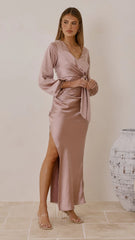 Ivy Long Sleeve Tie Front Maxi Dress - Dusty Pink