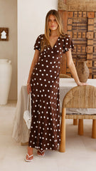 Rayne Maxi Dress - Brown/White Polka
