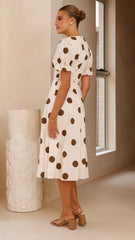 Alondra Midi Dress - White/Camel Polka