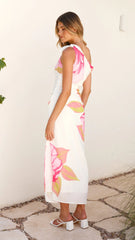 Maisy Shoulder Tie Midi Dress - Pink Green