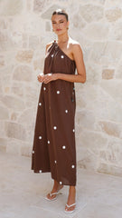 Nasira One Shoulder Maxi Dress - Chocolate / White Polka Dot