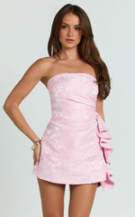 Laila Mini Dress – Pink Jacquard Strapless A-Line Party Dress