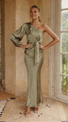 Eden One Shoulder Tie Front Maxi Dress - Olive