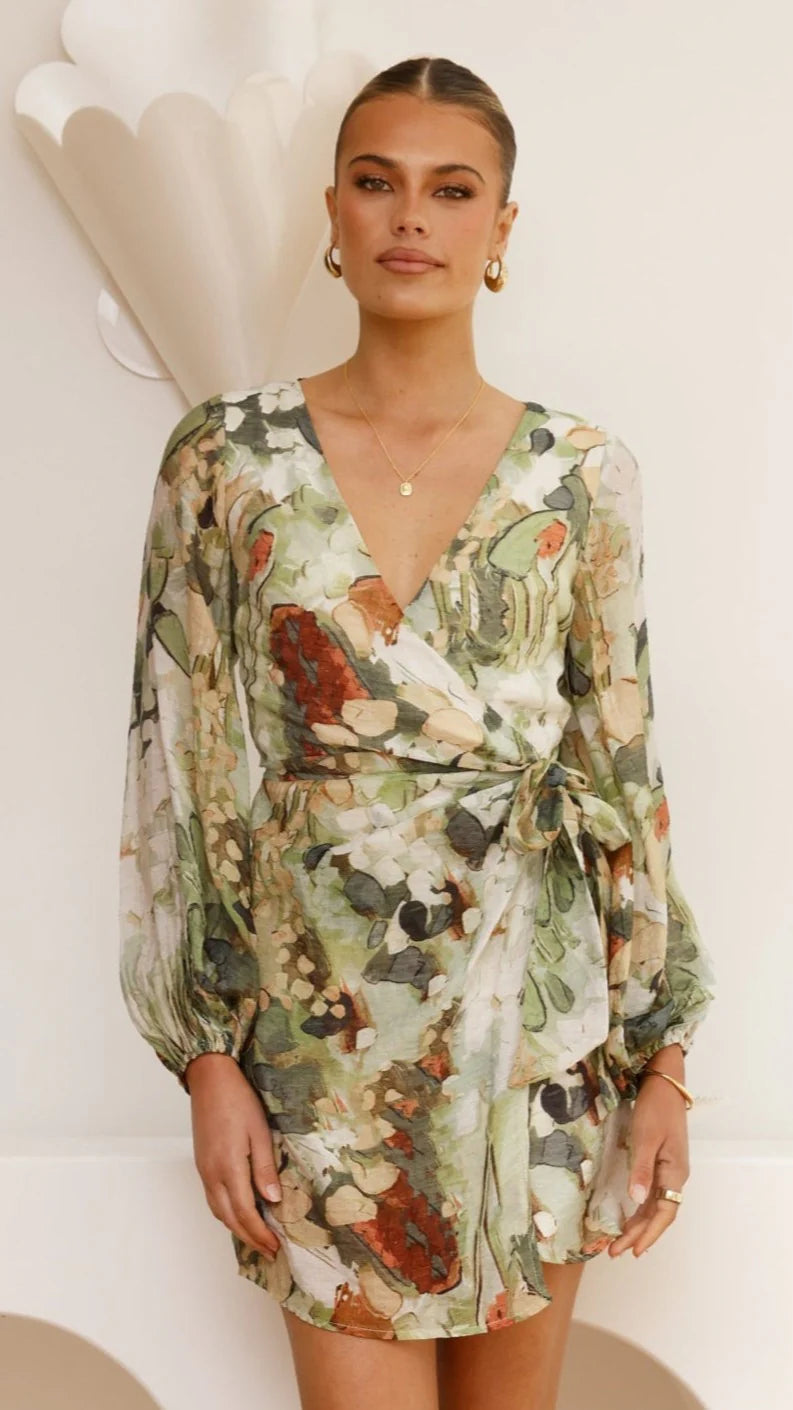 Jemma Long Sleeve Mini Dress - Green Abstract