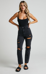 Billie Jeans – Black Wash High-Waisted Distressed Cotton Mom Jeans