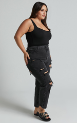 Billie Jeans – Black Wash High-Waisted Distressed Cotton Mom Jeans