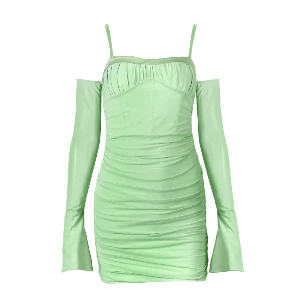 Sheer Allure Bodycon Mini Dress with Flare Mesh Sleeves