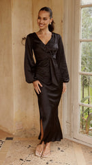 Ivy Long Sleeve Tie Front Maxi Dress - Black