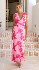Nikova Maxi Dress - Pink Embroidery