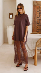 Raina T-Shirt Maxi Dress - Brown Lace