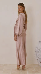 Ivy Long Sleeve Tie Front Maxi Dress - Dusty Pink