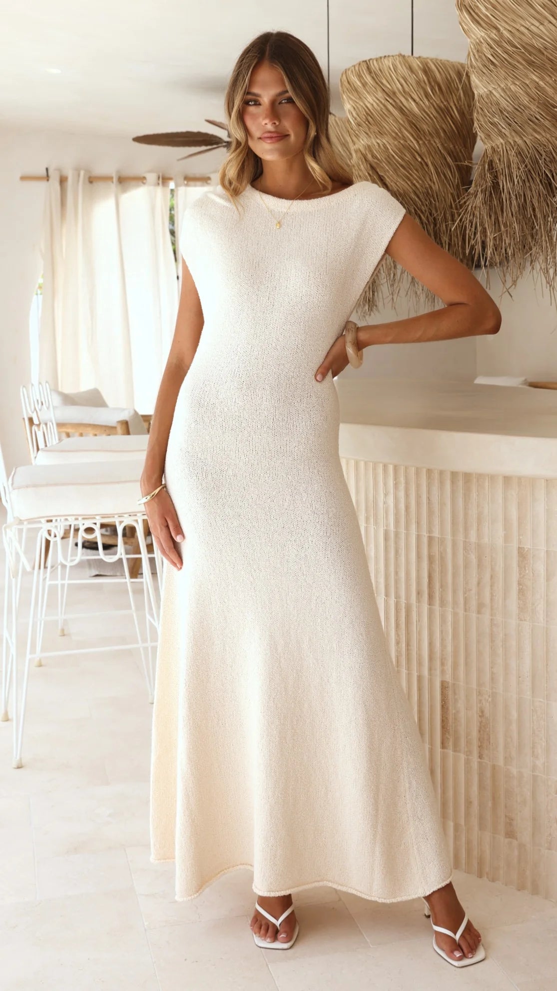 Tanaya Knit Off Shoulder Maxi Dress - Natural