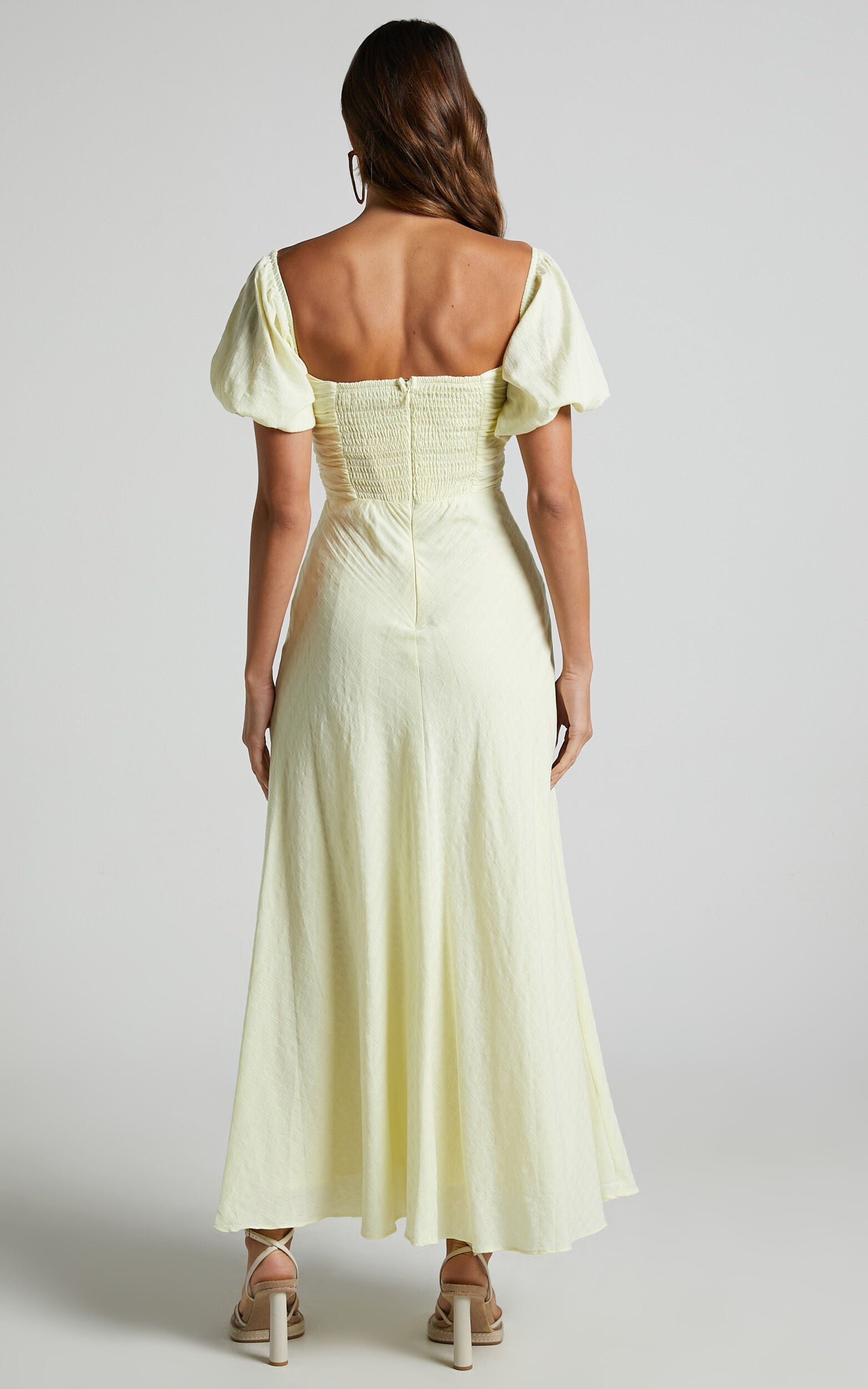 Vynna Midi Dress – Butter Yellow Puff Sleeve A-Line Dress with Ruched Bust & Scoop Neck