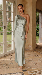 Eden One Shoulder Tie Front Maxi Dress - Sage