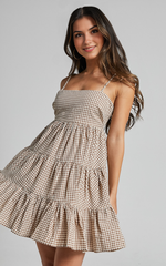 Lorelle Mini Dress – Brown Gingham Tiered Sleeveless Dress with Straight Neckline