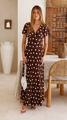 Rayne Maxi Dress - Brown/White Polka