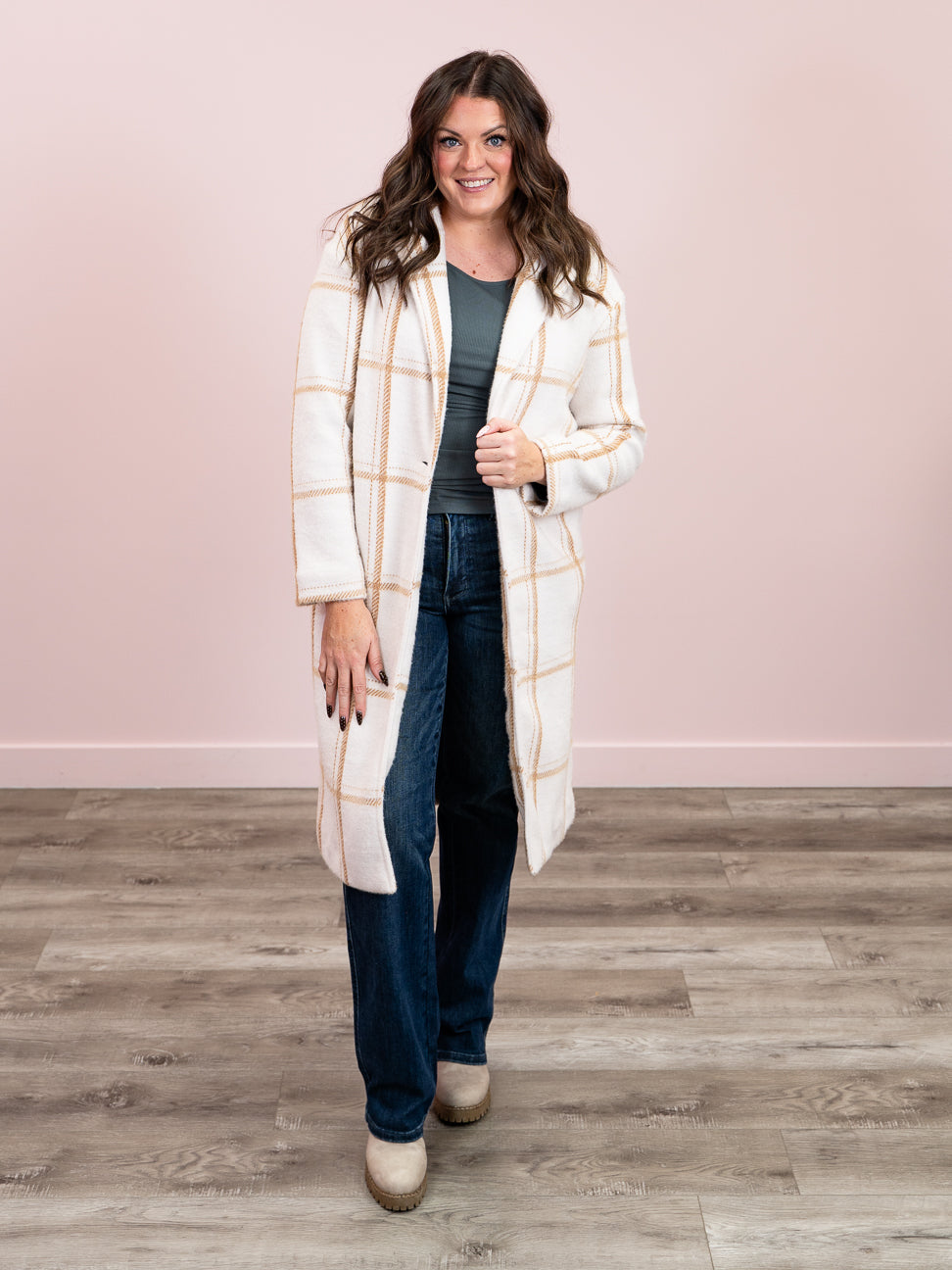 *NEW* DEX | Ellis Longline Coat | Cream & Mocha Windowpane