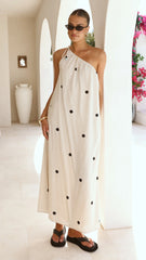 Nasira One Shoulder Maxi Dress - Oat/Black Polka Dot