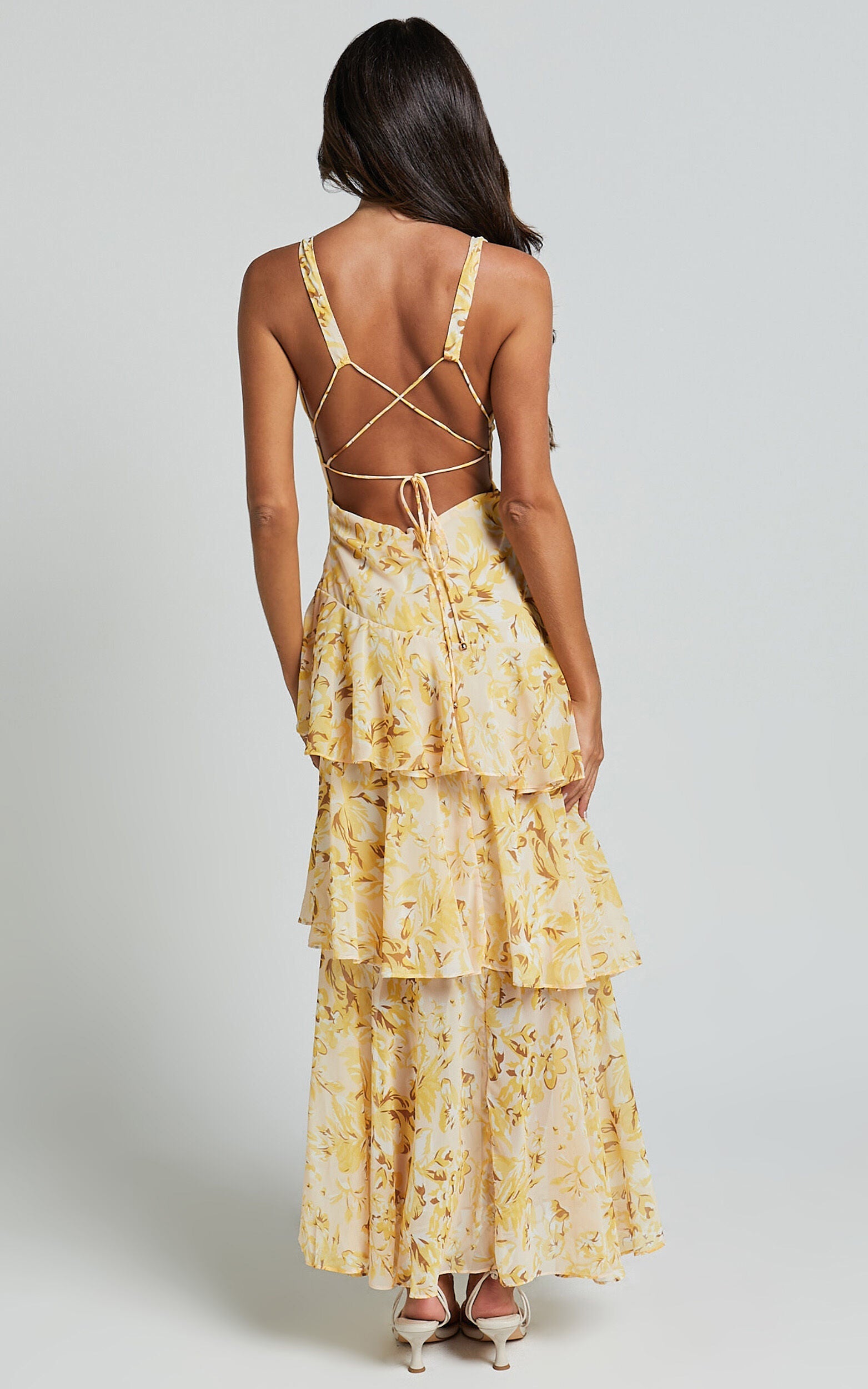 Floral Tiered Midi Dress - V-Neck Sleeveless Party Dress in Yellow