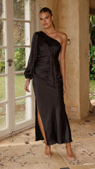 Eden One Shoulder Tie Front Maxi Dress - Black