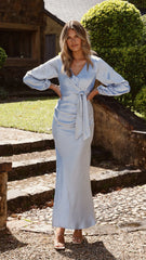Ivy Long Sleeve Tie Front Maxi Dress - Blue