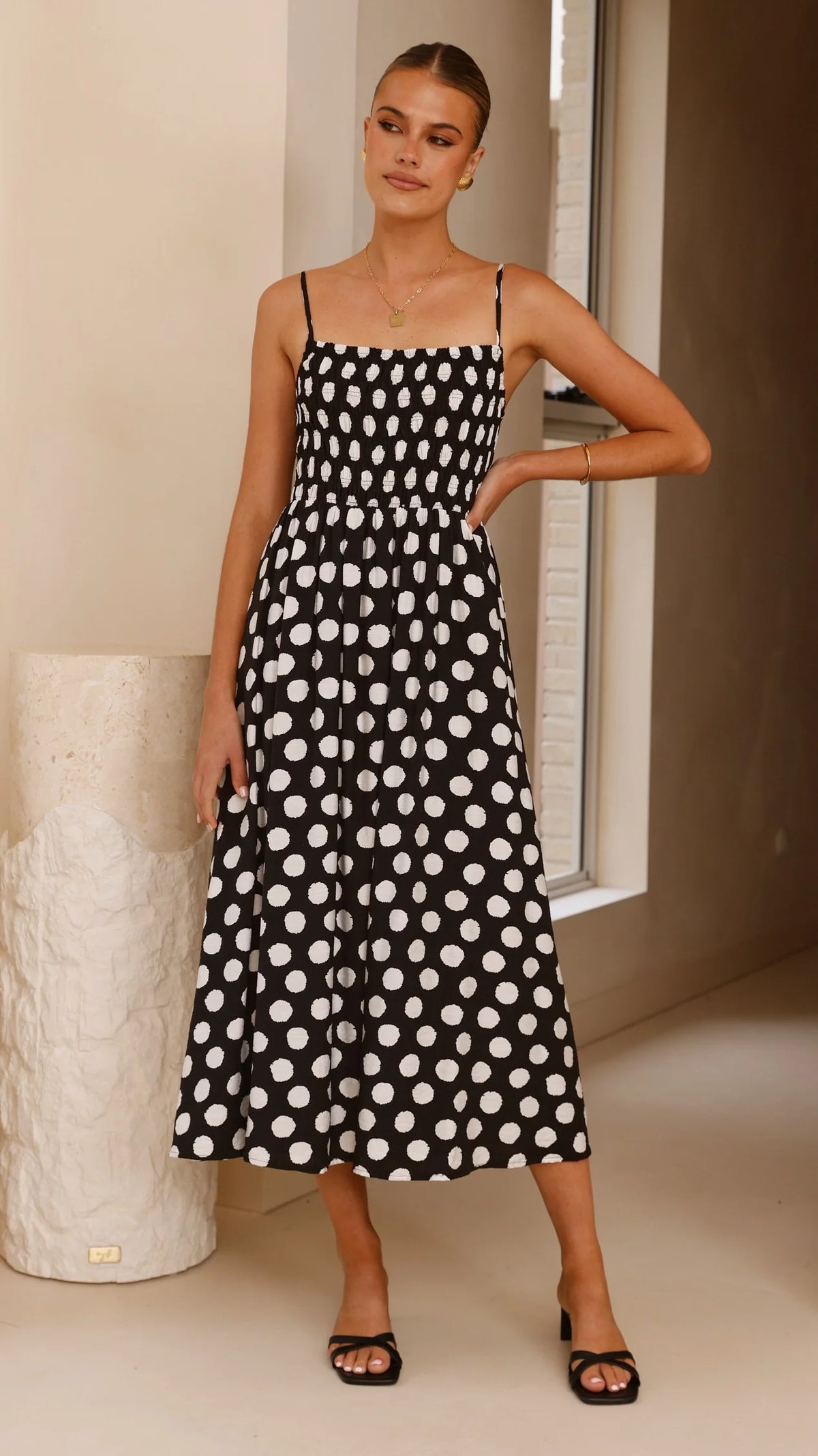 Roma Midi Dress - Black/ White Polka Dot