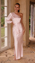 Eden One Shoulder Tie Front Maxi Dress - Pink