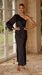 Eden One Shoulder Tie Front Maxi Dress - Black