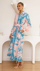 Lucia Long Sleeve Maxi Dress - Aqua/Pink Print