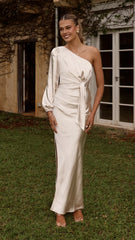 Eden One Shoulder Tie Front Maxi Dress - Champagne