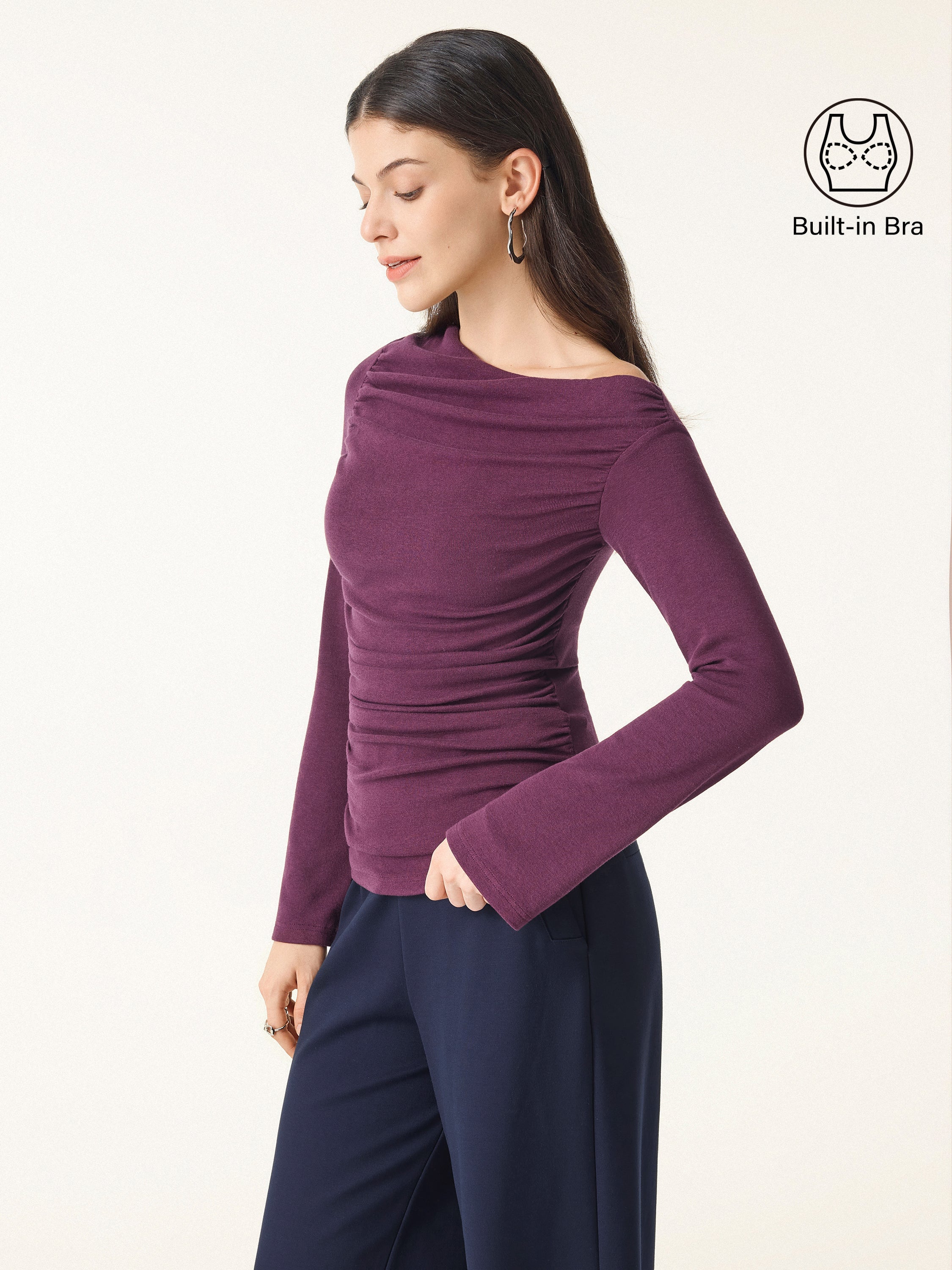 Slanted Shoulder Bell Sleeve Ruched Brami Top