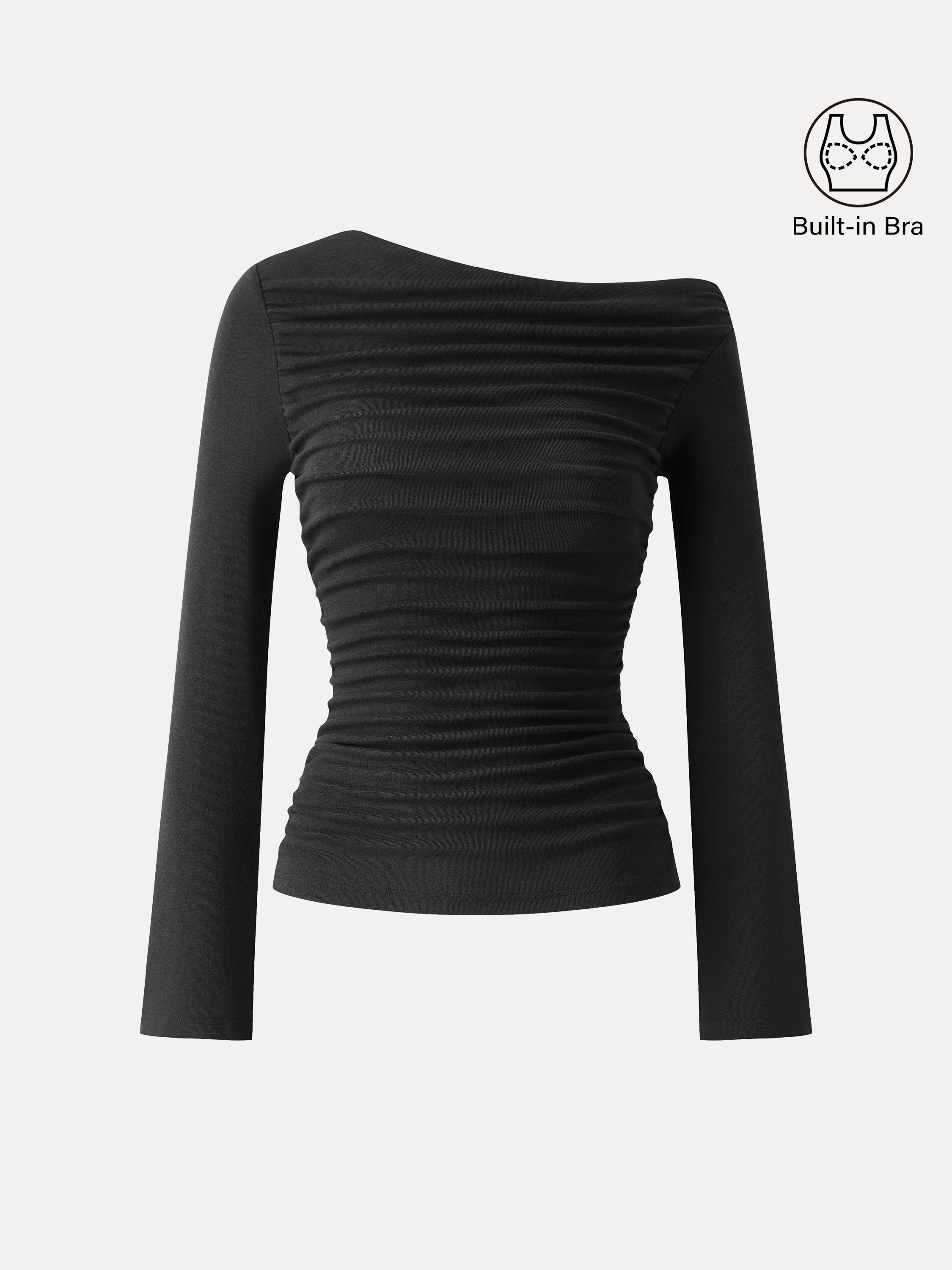 Slanted Shoulder Bell Sleeve Ruched Brami Top Black XS