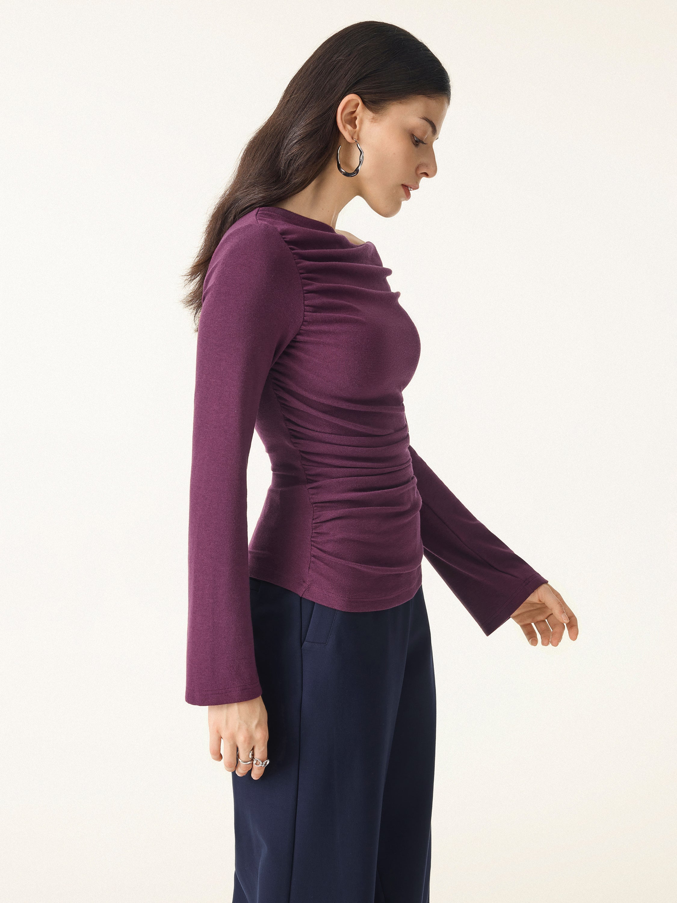 Slanted Shoulder Bell Sleeve Ruched Brami Top