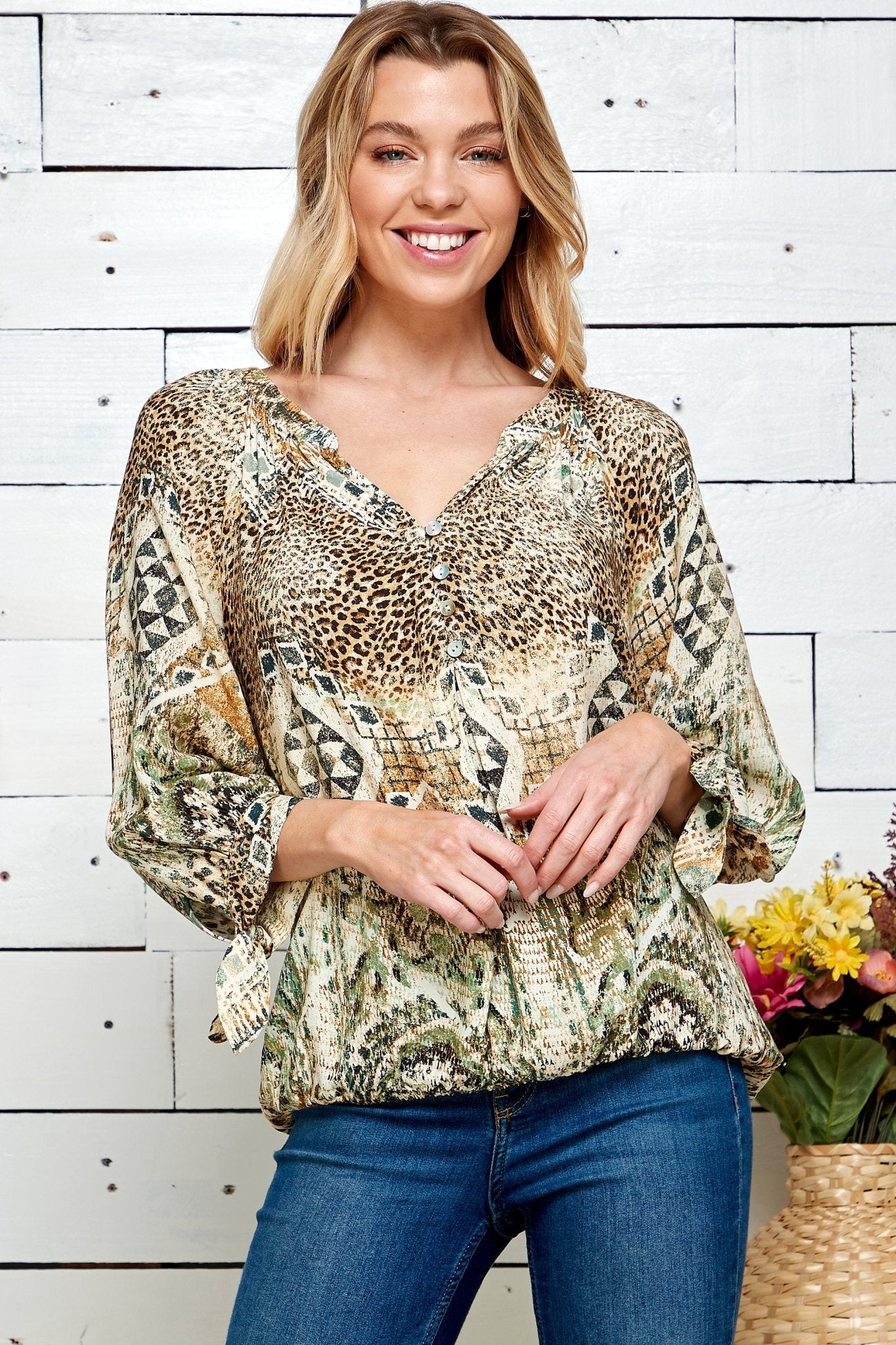 Figueroa & Flower 3/4 Sleeve Animal Print Peasant Blouse - DressbarnShirts & Blouses