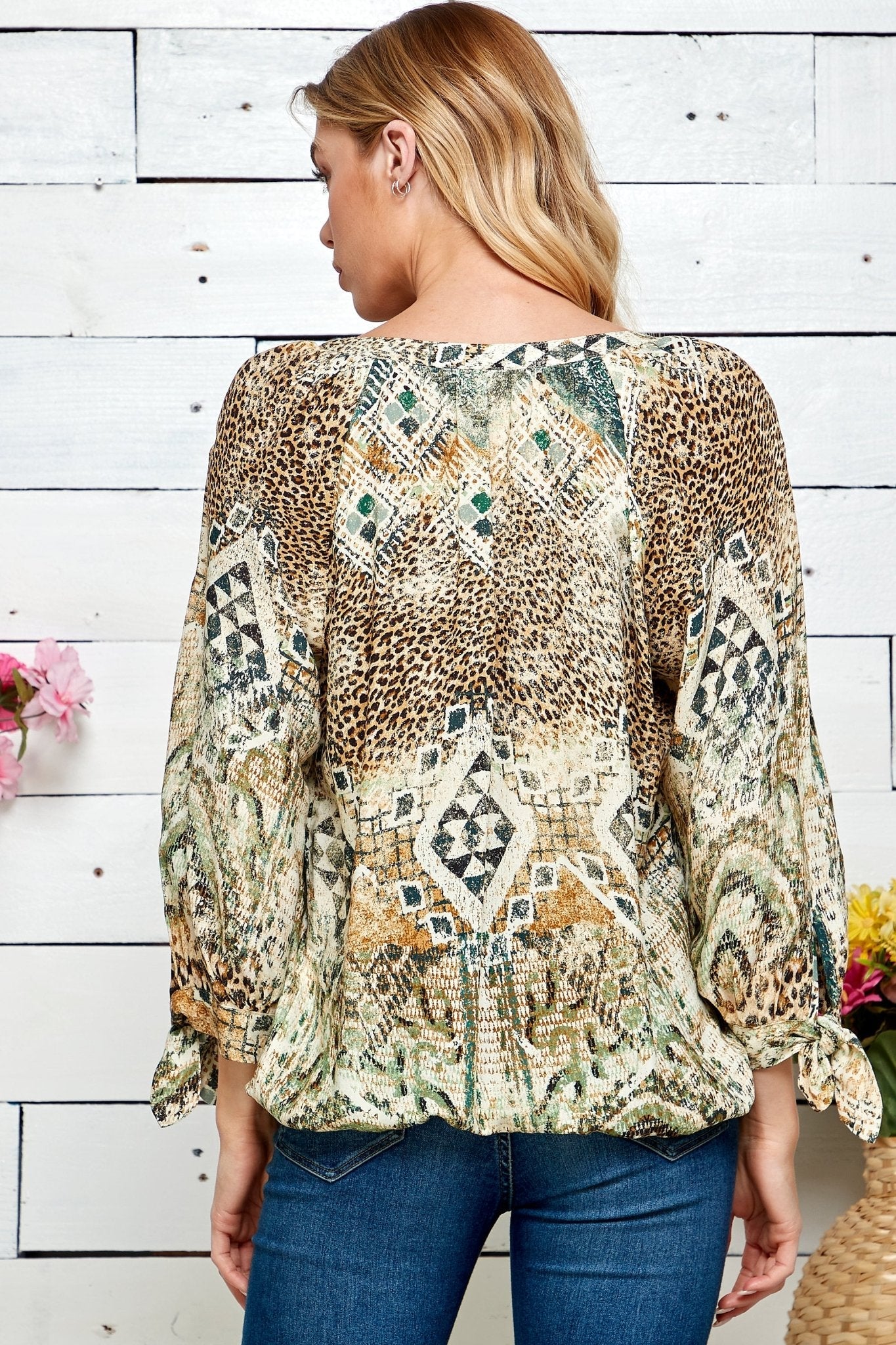 Figueroa & Flower 3/4 Sleeve Animal Print Peasant Blouse - DressbarnShirts & Blouses