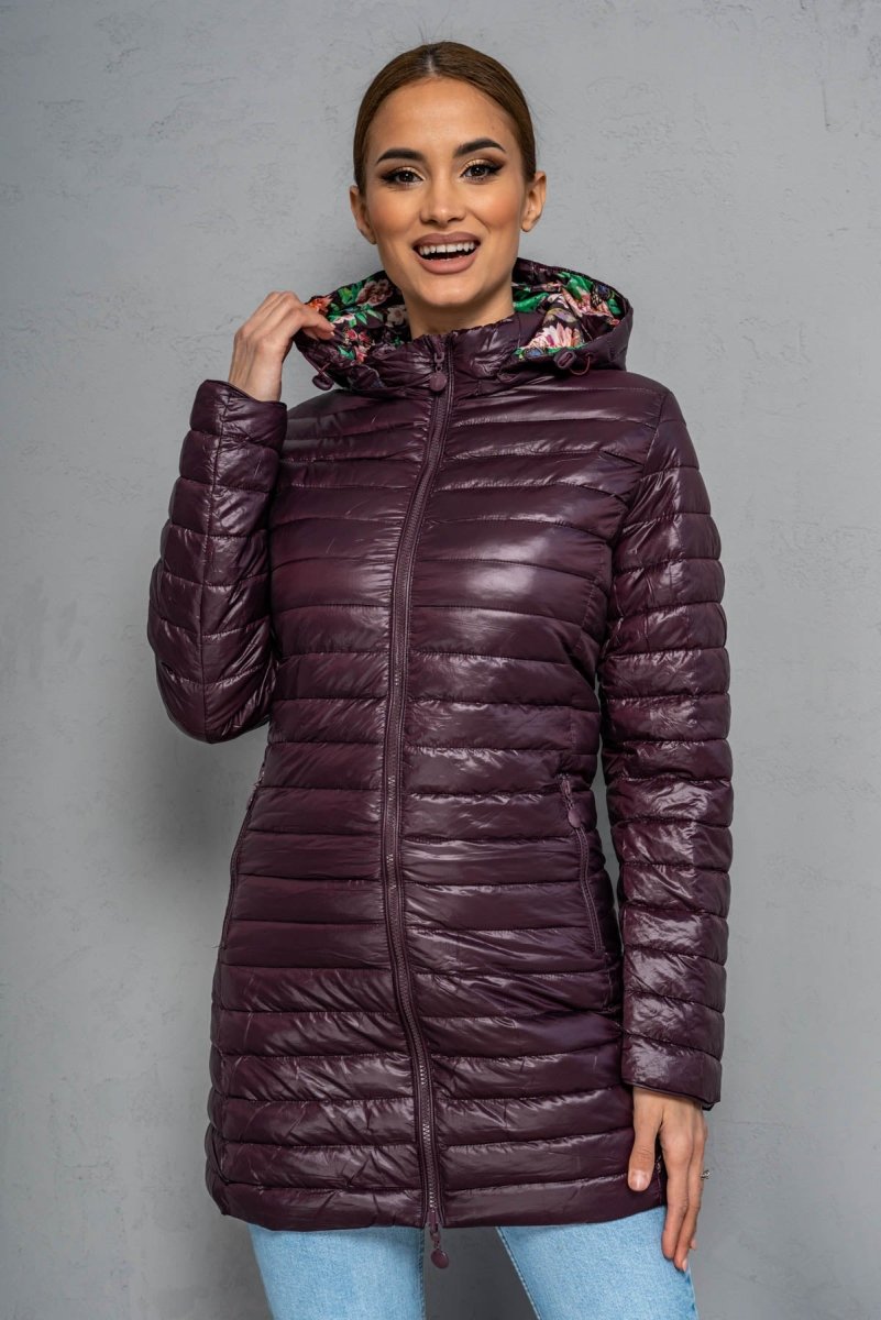 Geaca lunga FLOWER cu doua fete - Mov Pruna - Geaca Groasa -B WEAR RO