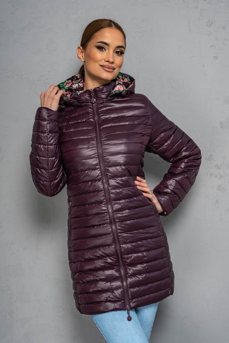 Geaca lunga FLOWER cu doua fete - Mov Pruna - Geaca Groasa -B WEAR RO